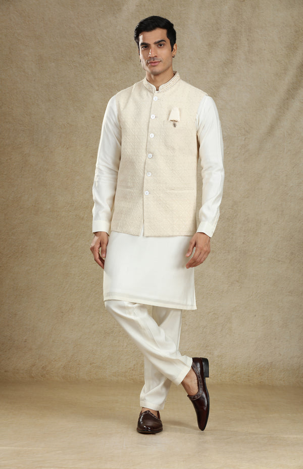 DARK IVORY CHIKANKARI BANDI KURTA SET #7722