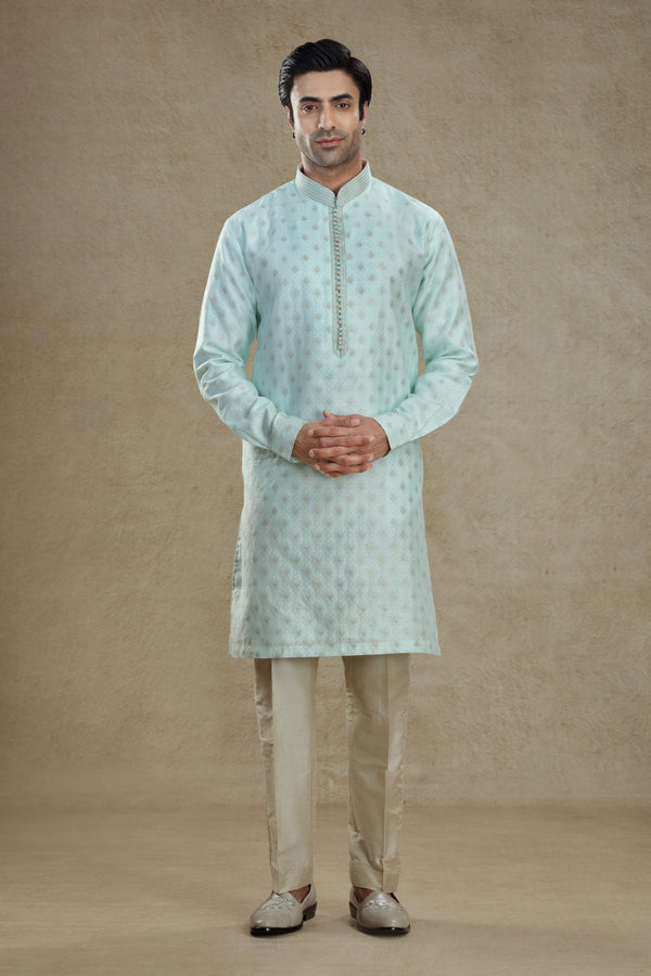 LIGHT SEA GREEN BANARASI BROCADE SILK KURTA SET #8228