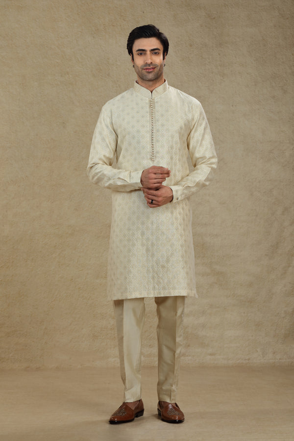 CREAM GOLD BANARASI BROCADE SILK KURTA SET #8230