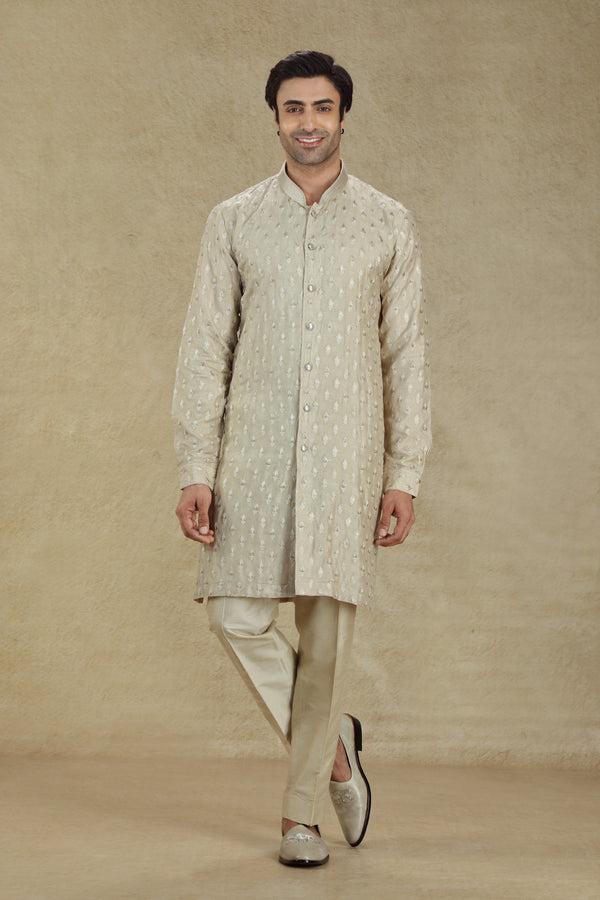 BEIGE THREAD EMBROIDERED BUTTON DOWN KURTA SET #8173