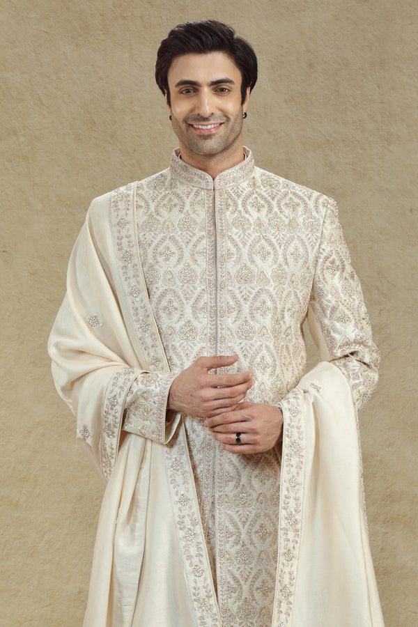 LIGHT BEIGE EMBROIDERED SHERWANI SET #7949