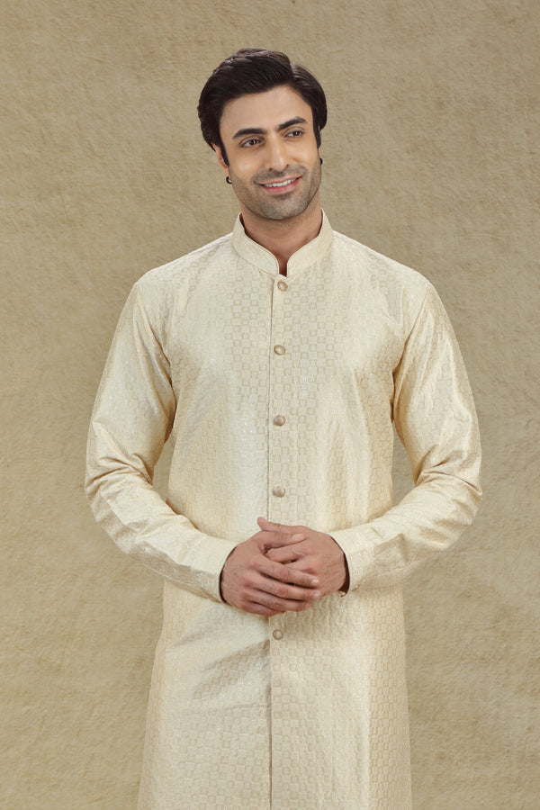 BEIGE GOLD THREAD & SEQUINS EMBROIDERED BUTTON DOWN KURTA SET #8193