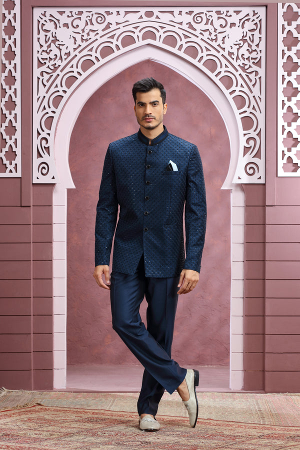 NAVY BLUE & BLACK EMBROIDERED JODHPURI SUIT #8349