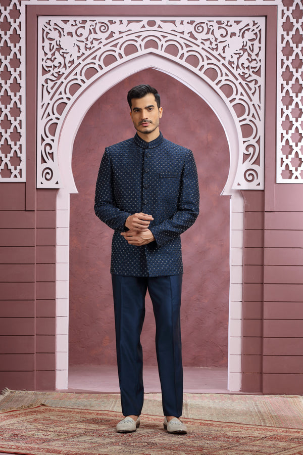 NAVY BLUE HAND EMBROIDERED JODHPURI SUIT #8358