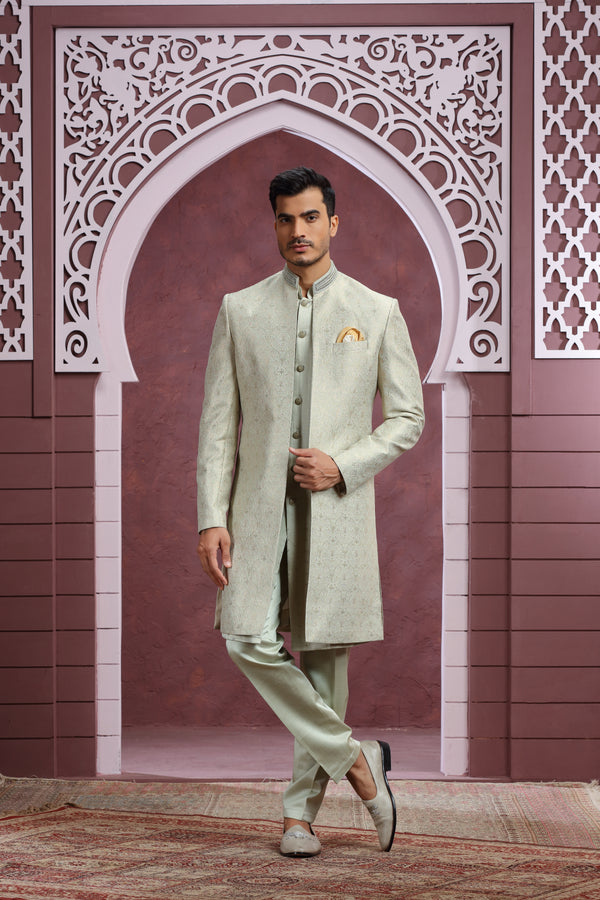 SAGE GREEN BANARASI BROCADE OPEN SHERWANI SET #8343