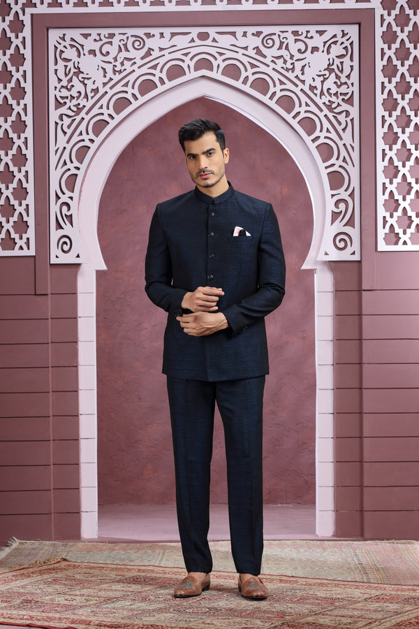 NAVY BLUE SELF PRINT JODHPURI SUIT #8357