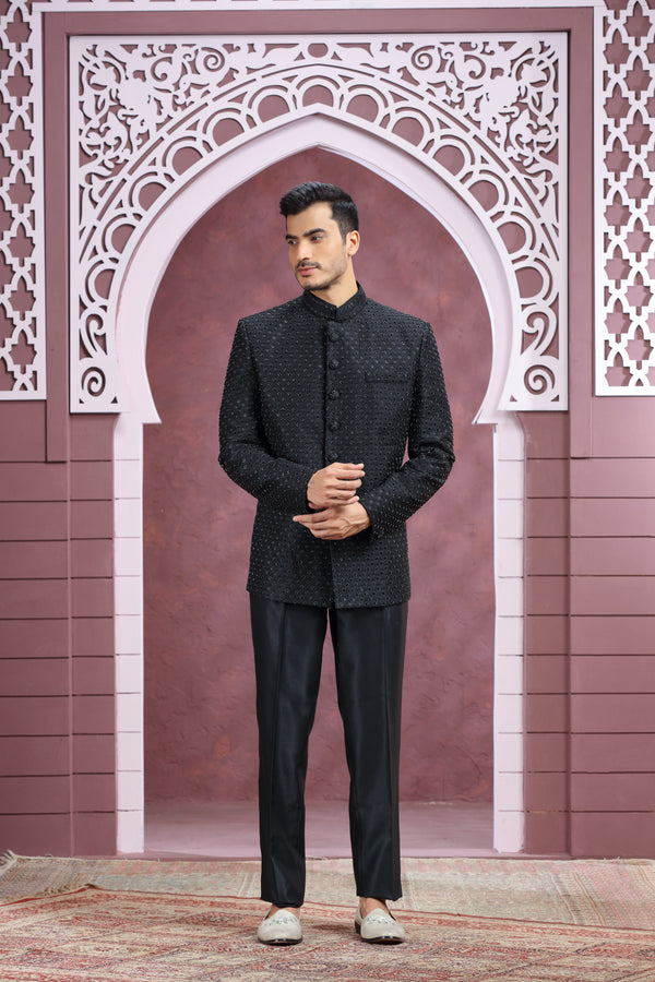 BLACK TONE ON TONE HAND EMBROIDERED JODHPURI SUIT #8359