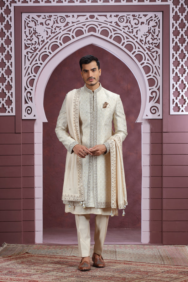 LIGHT BEIGE GOLD HAND EMBROIDERED BANARASI BROCADE SHERWANI SET WITH SHAWL #8342