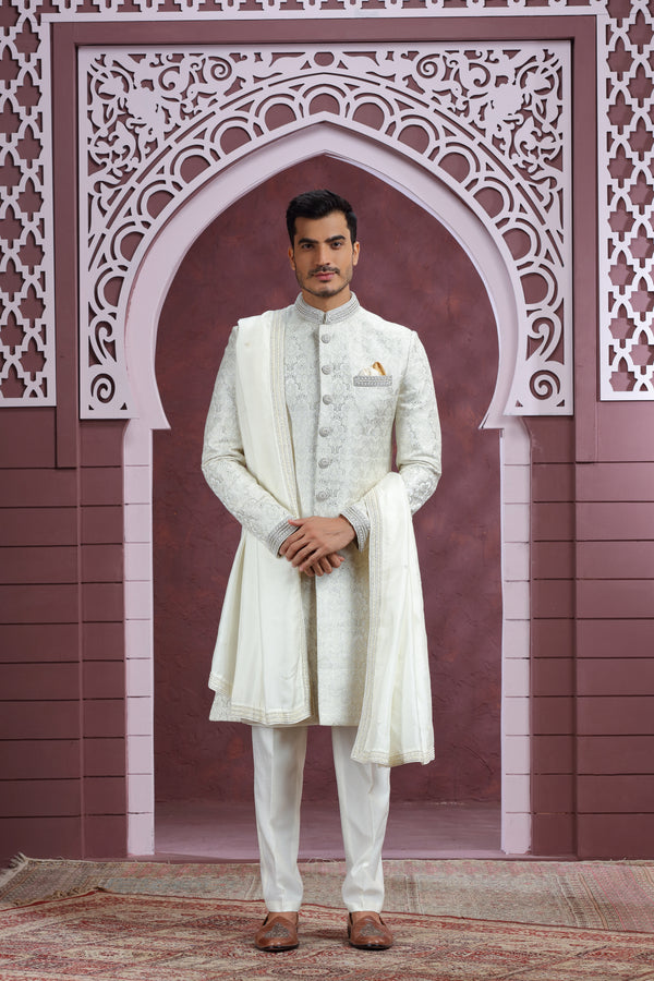 IVORY HAND EMBROIDERED BANARASI BROCADE SHERWANI SET WITH SHAWL #8341
