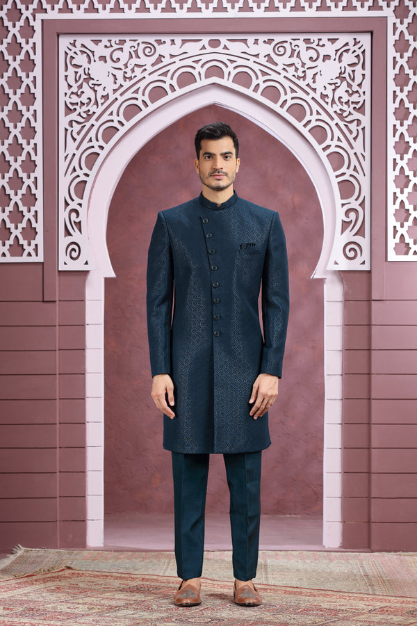 TEAL BLUE SELF PRINT INDOWESTERN SHERWANI SET #8353
