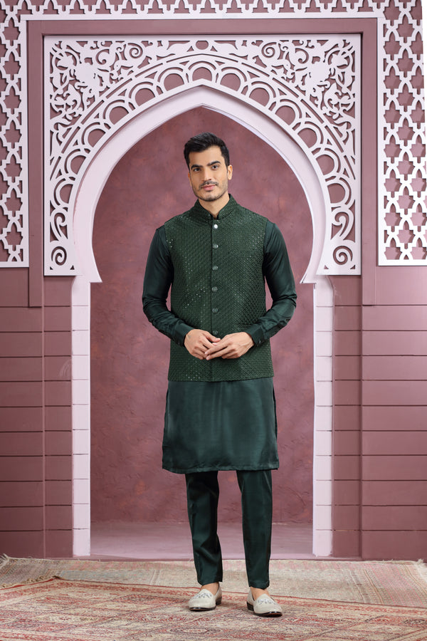FOREST GREEN SILK SEQUINS WAISTCOAT/BANDI KURTA SET #7987/8360