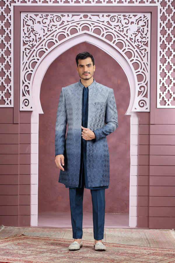 SHADES OF BLUE OMBRÉ OPEN INDOWESTERN SHERWANI SET #8354
