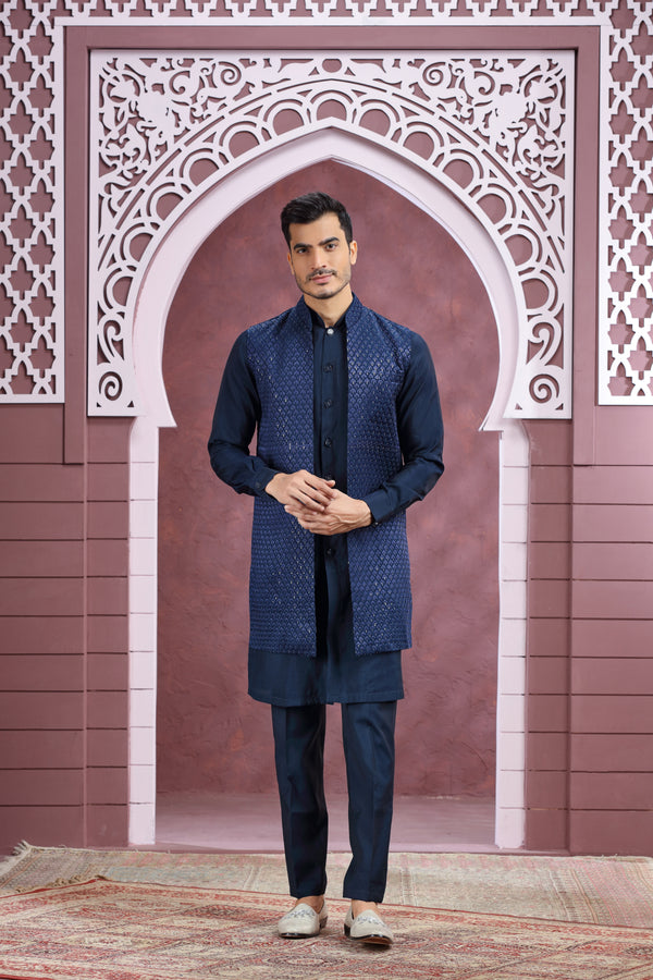 NAVY BLUE SEQUINS LONG OPEN BANDI SLEEVELESS JACKET KURTA SET #8361/#8362