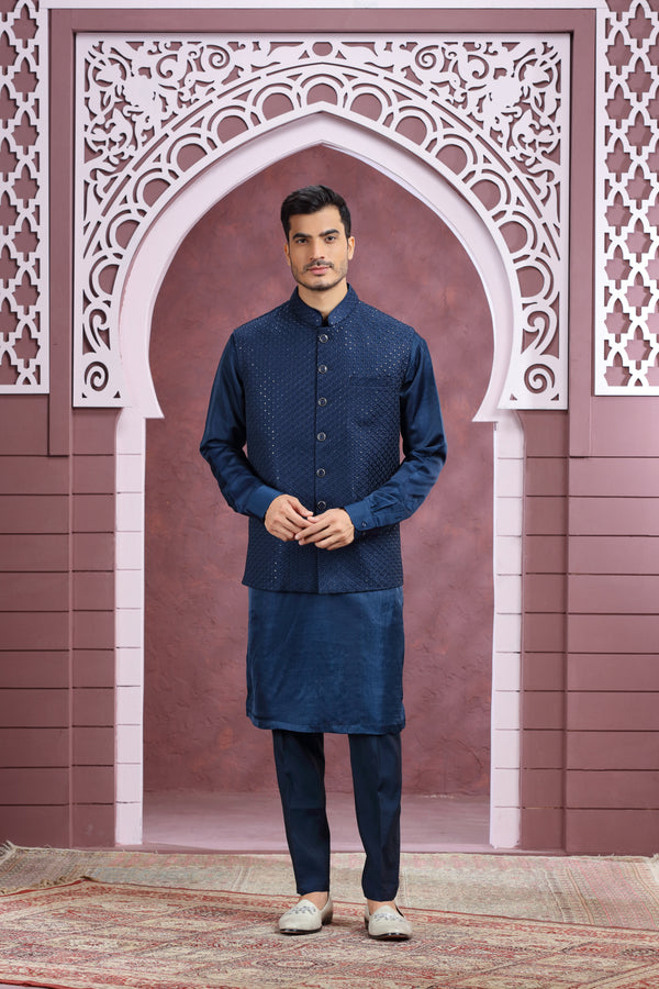 NAVY BLUE SILK SEQUINS WAISTCOAT/BANDI KURTA SET #7732/#7733