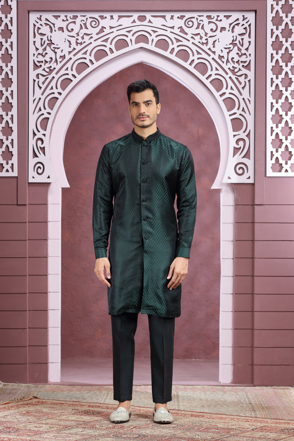 FOREST GREEN SELF PRINT FRONT OPEN KURTA SET #8421/#8422