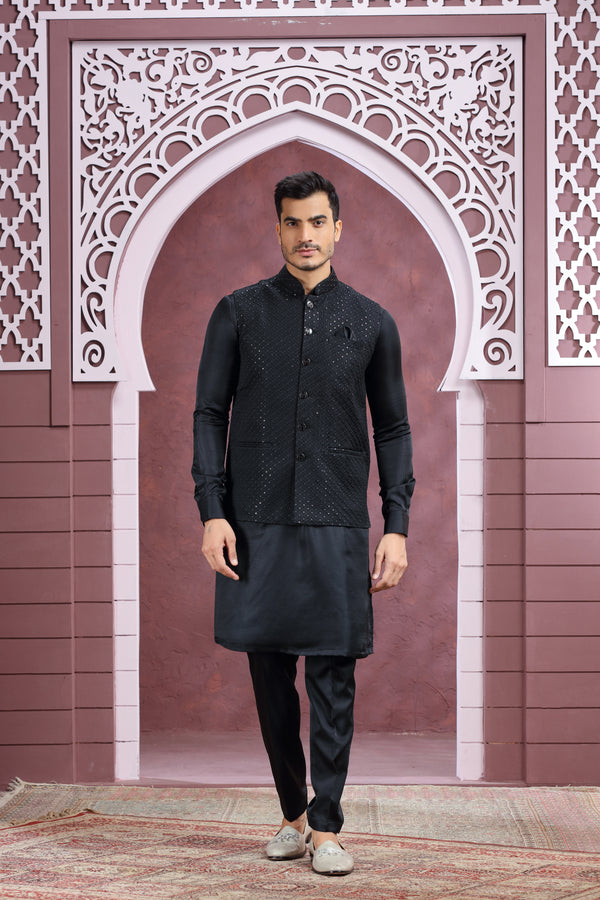 BLACK SILK SEQUINS WAISTCOAT/BANDI KURTA SET #7734/#7735
