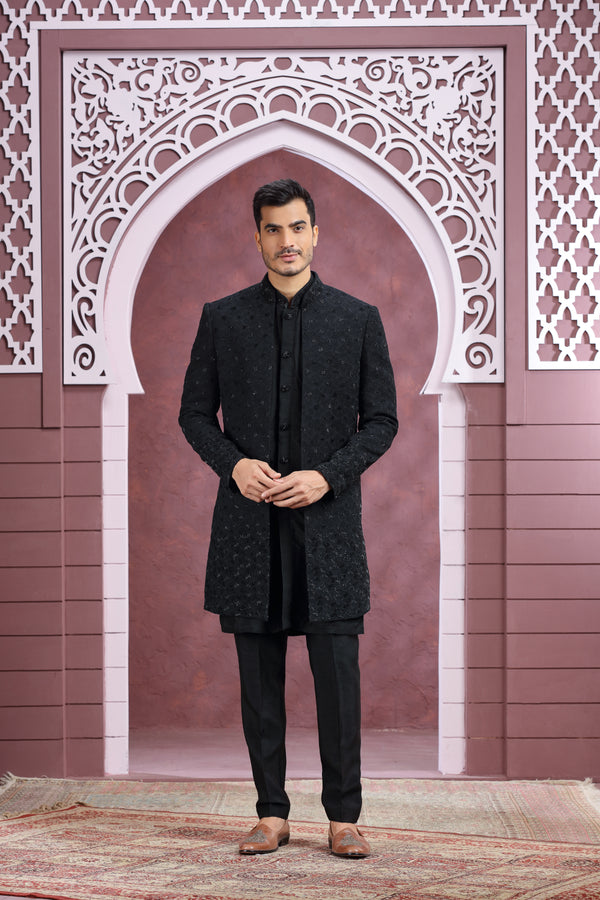 BLACK TONE ON TONE EMBROIDERED OPEN INDOWESTERN SHERWANI SET #8350