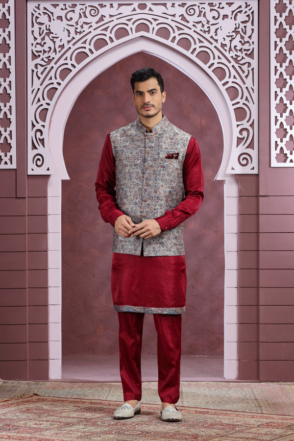 TAUPE & MAROON CONTRAST FLORAL BANARASI BROCADE WAISTCOAT/BANDI KURTA SET #8364