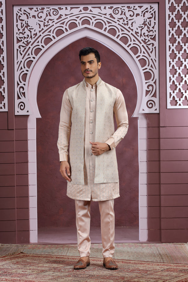 PEACHY PINK BANARASI BROCADE LONG OPEN BANDI SLEEVELESS JACKET KURTA SET #8345
