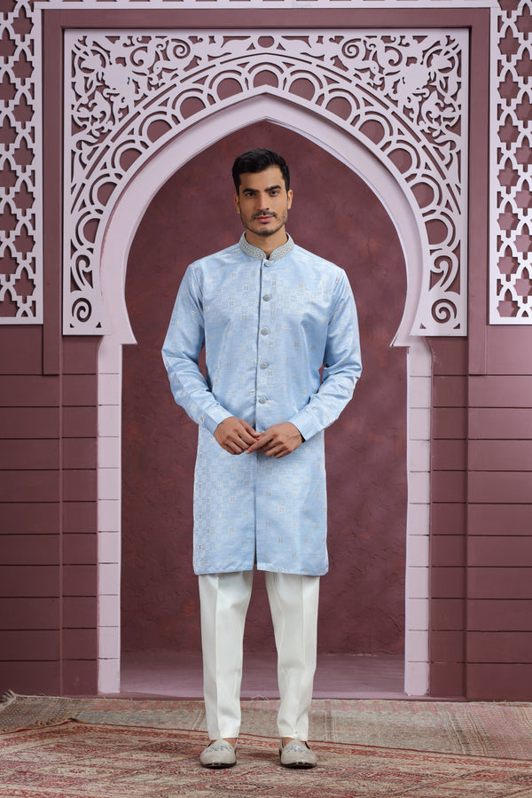 POWDER BLUE SELF PRINT FRONT OPEN KURTA SET #8419