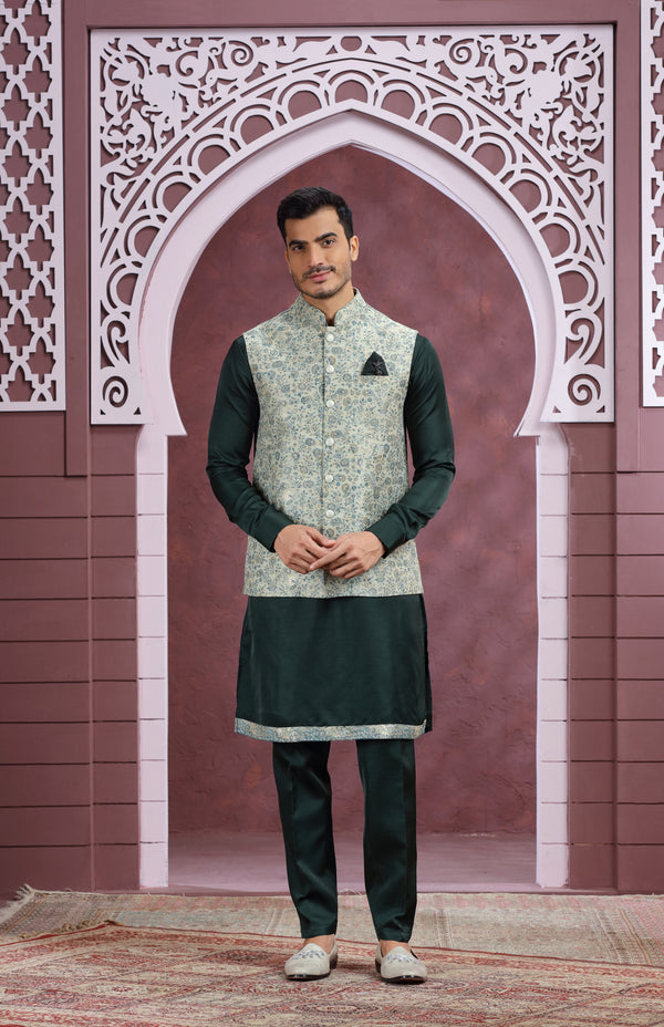 SHADES OF GREEN FLORAL BANARASI BROCADE WAISTCOAT/BANDI KURTA SET #8363