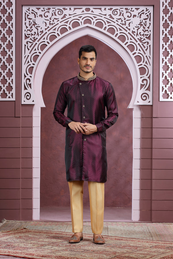 WINE SELF PRINT FRONT OPEN KURTA SET #8427
