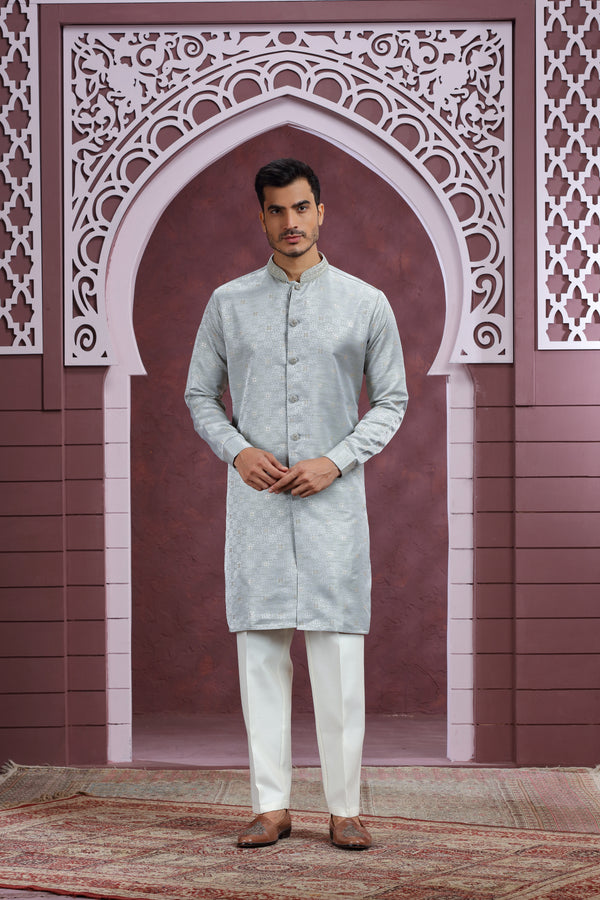 SAGE GREEN SELF PRINT FRONT OPEN KURTA SET #8420