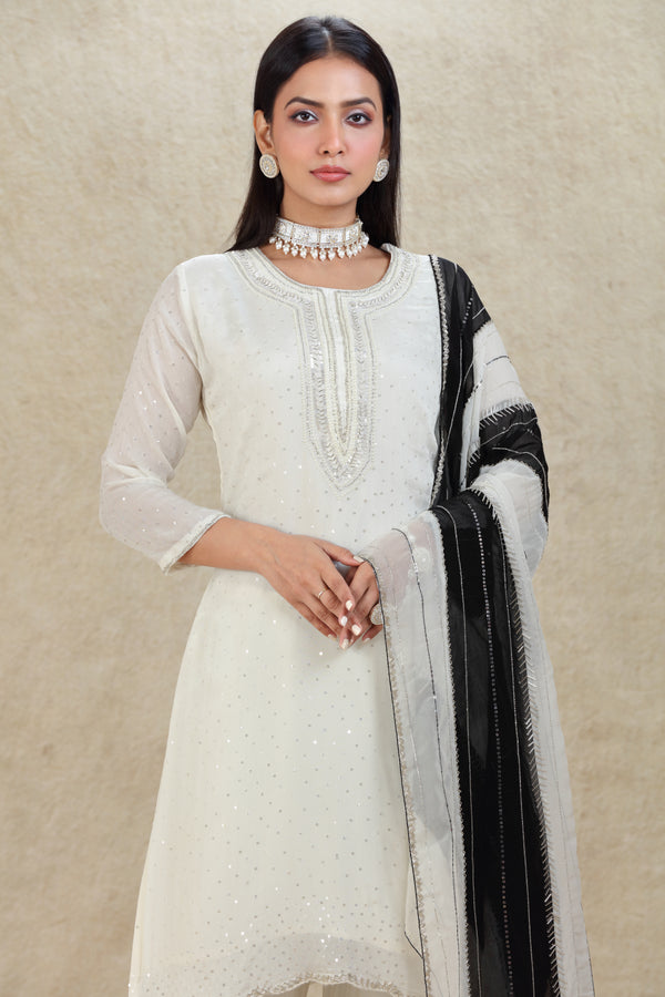 WHITE IVORY HAND EMBROIDERED STRAIGHT PANT SUIT SET WITH MULTI COLOR DUPATTA #8305