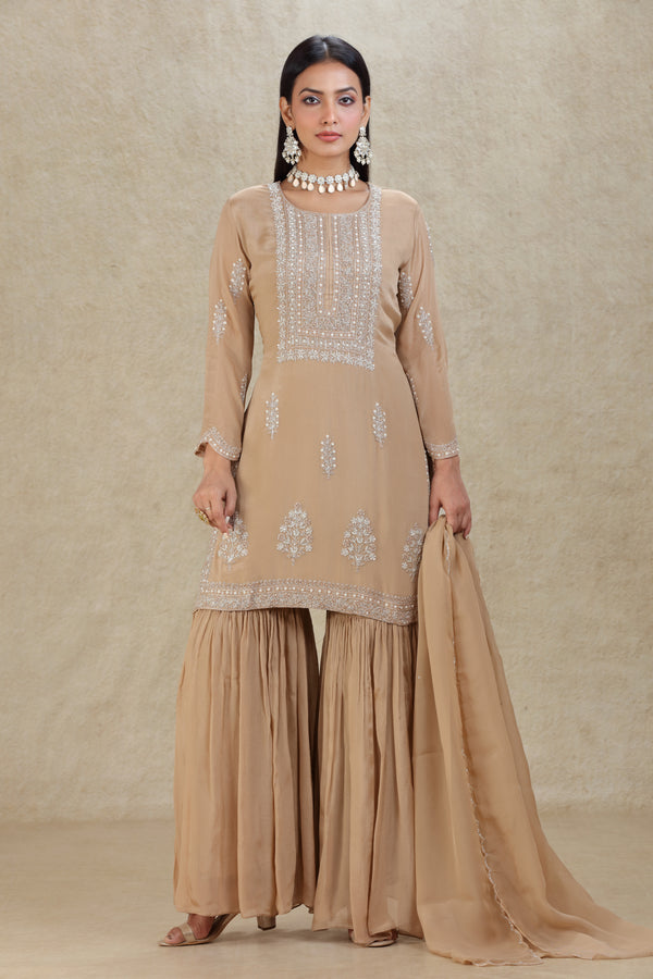 BEIGE GOLD HAND EMBROIDERED SHARARA SUIT SET #8297