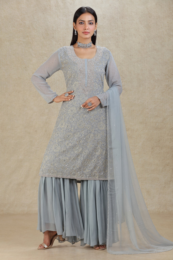 Grey Hand Embroidered Lace Look Sharara Suit Set #8323 Grey / 40 Grey Hand Embroidered Lace Look Sharara Suit Set #8323 Grey / 40