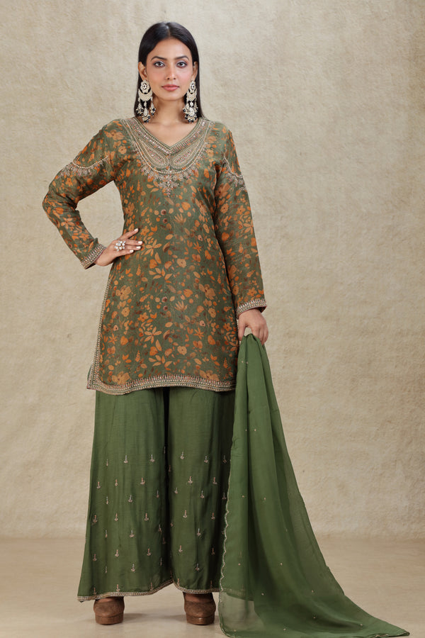 OLIVE GREEN FLORAL PRINTED & HAND EMBROIDERED PALAZZO SUIT SET #8300