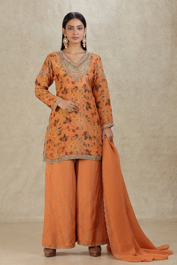 RUST ORANGE FLORAL PRINTED & HAND EMBROIDERED PALAZZO SUIT SET #8299