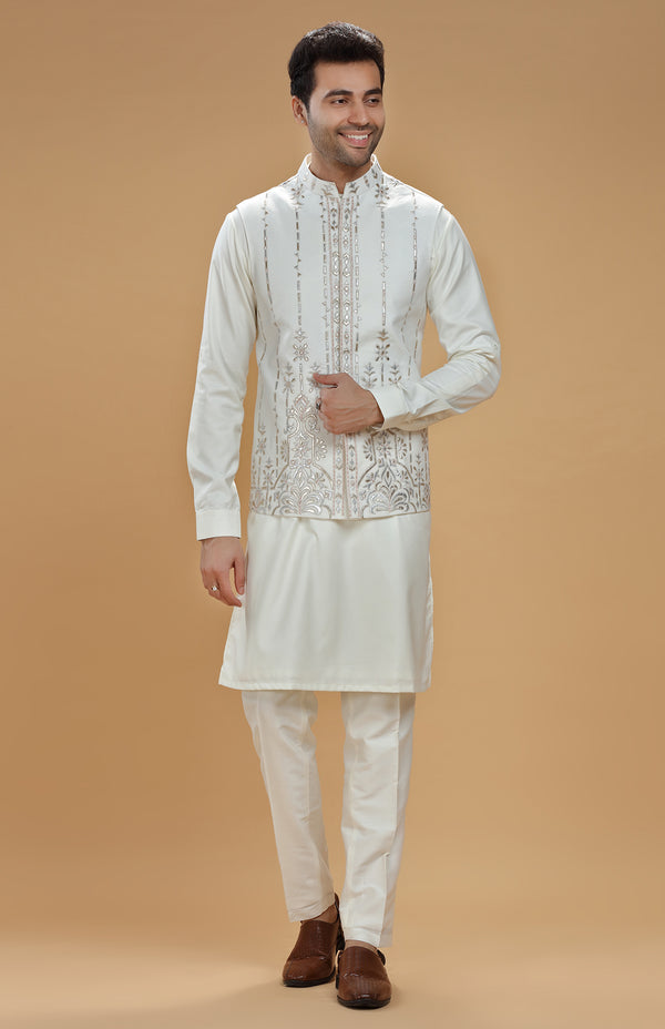 WHITE IVORY LEATHER APPLIQUÉ EMBROIDERED BANDI KURTA SET