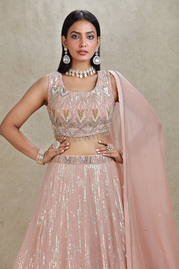 PEACH SEQUINS EMBROIDERED LEHENGA SET #8268