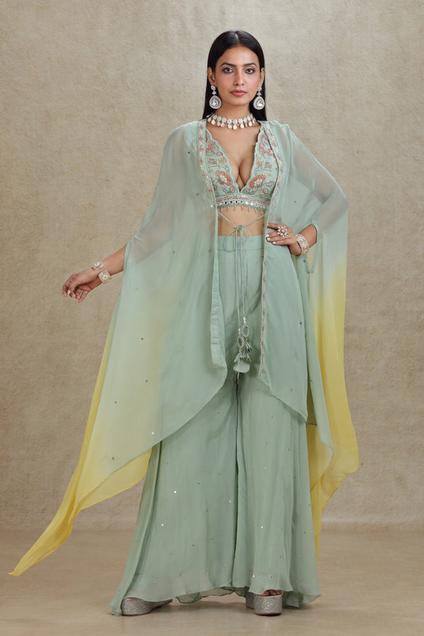 SAGE GREEN & LEMON YELLOW HAND EMBROIDERED MULTI COLOR CROP TOP PALAZZO SUIT SET WITH JACKET #8253