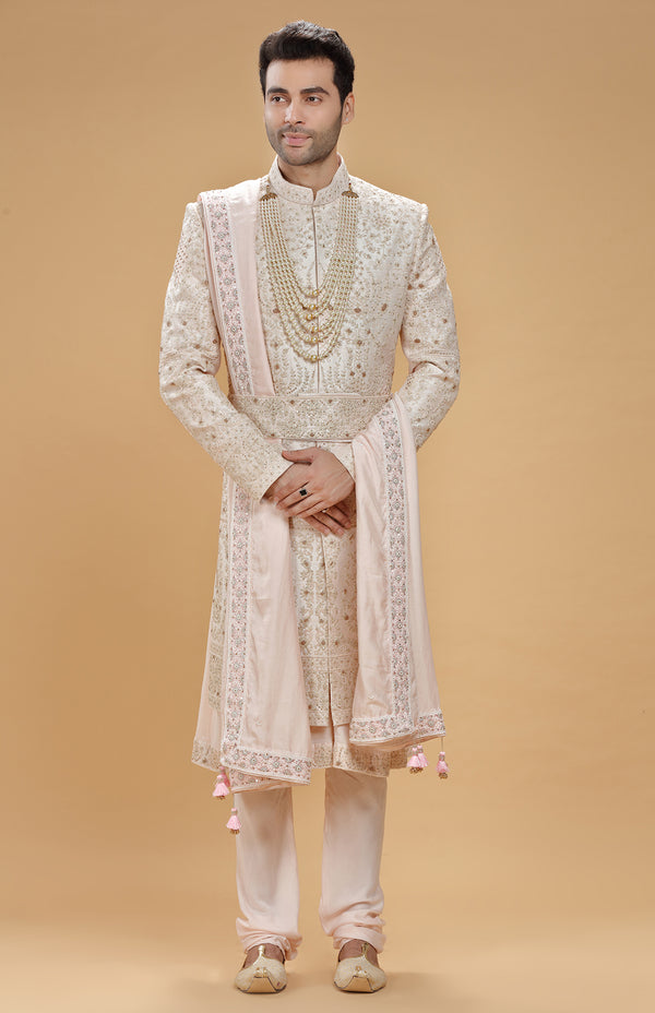 POWDER PINK HAND EMBROIDERED RAW SILK SHERWANI SET #7415