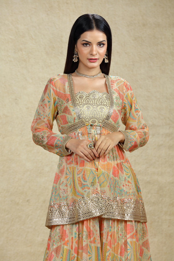 BEIGE MUTI COLOR PRINTED CROP TOP SUIT SET WITH SHORT JACKET #7969