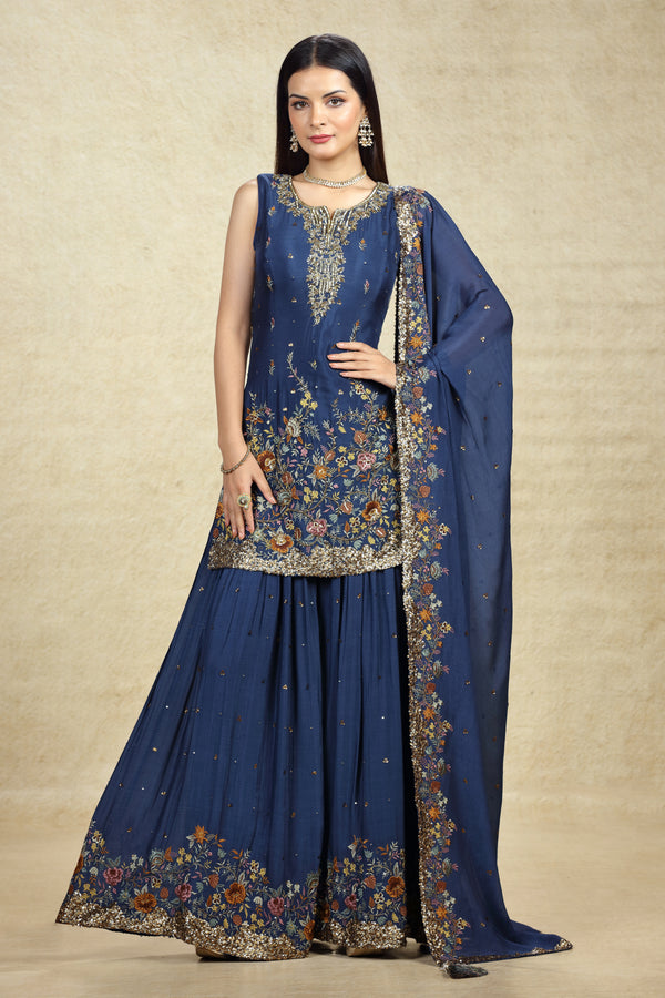 COBALT BLUE EMBROIDERED GHARARA SUIT SET #8059