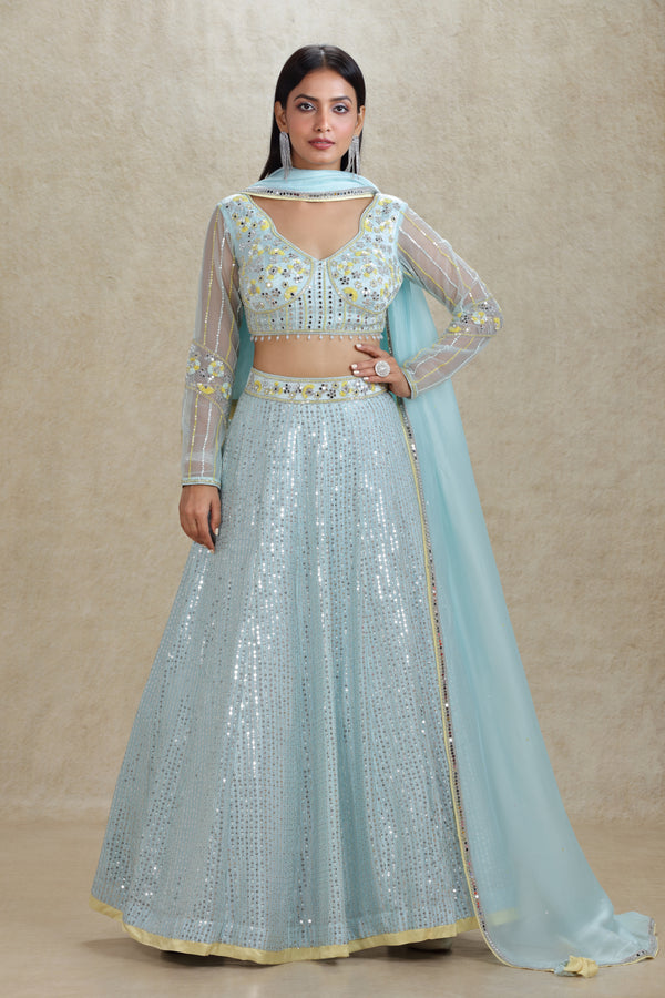 GREYISH BLUE MIRROR & SEQUINS EMBROIDERED LEHENGA SET #8262