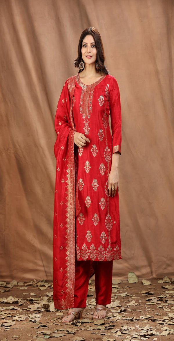 RED BANARASI BROCADE STRAIGHT PANT SUIT SET #8110