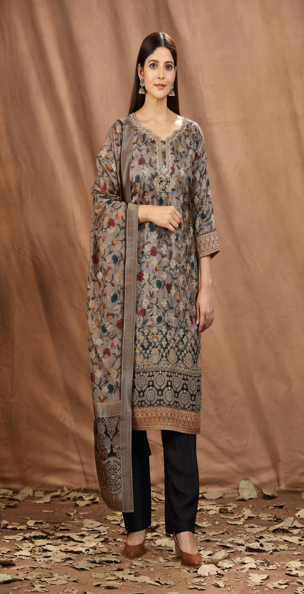 GREY PRINTED & EMBROIDERED STRAIGHT PANT SUIT SET #8116