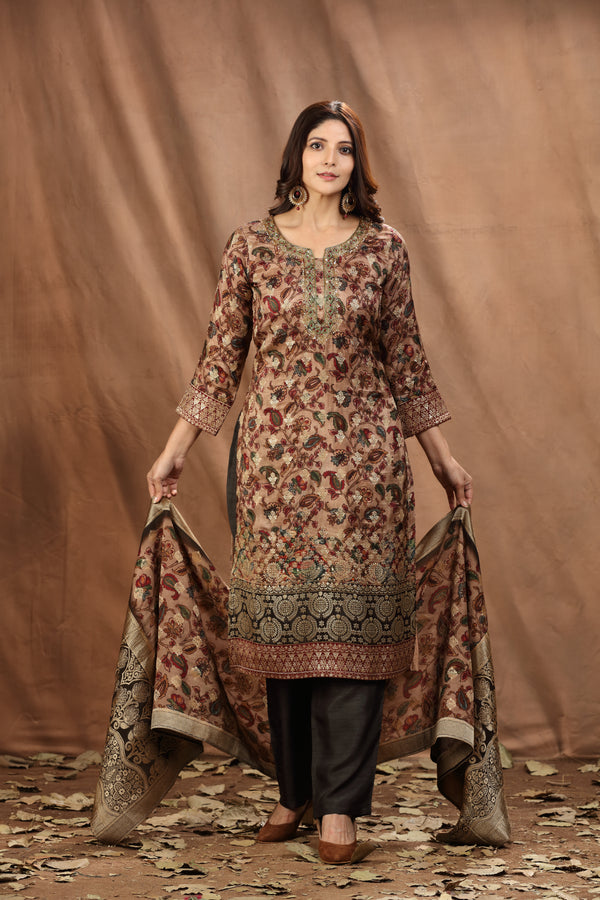BROWN TAUPE PRINTED & EMBROIDERED STRAIGHT PANT SUIT SET #8117
