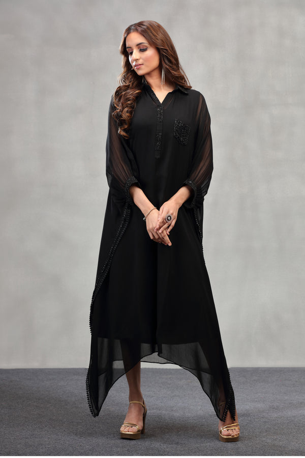 BLACK TONE ON TONE EMBROIDERED KAFTAAN WITH COLLAR #7964