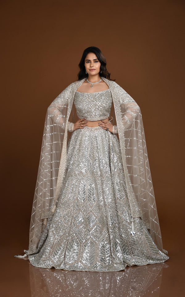 CHAMPAGNE HAND EMBROIDERED LEHENGA SET WITH ALL OVER CRYSTAL #7813