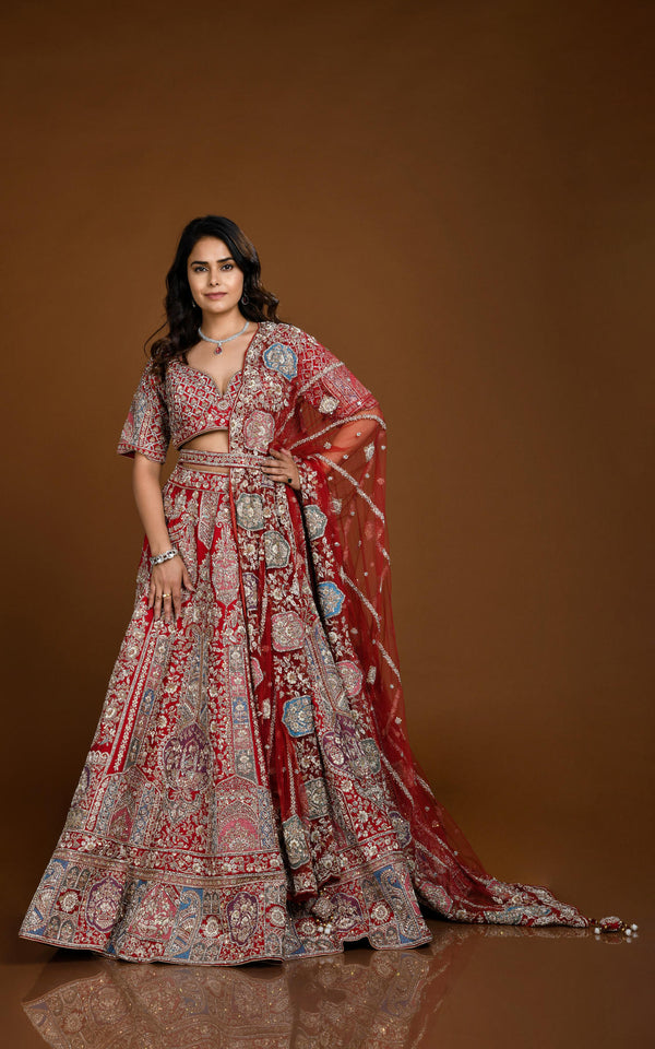 RED RAW SILK HAND EMBROIDERED BRIDAL LEHENGA #7819