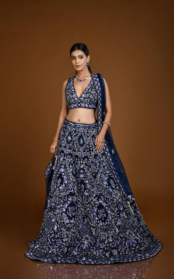 NAVY BLUE HAND EMBROIDERED LEHENGA SET WITH SILVER & LILAC DETAILING #7821