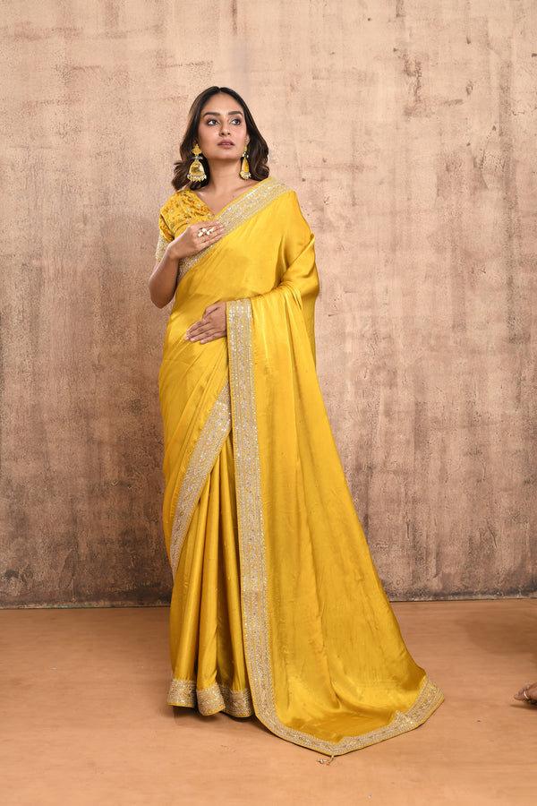 MUSTARD EMBROIDERED SATIN SILK SAREE WITH VELVET BLOUSE PIECE #7859
