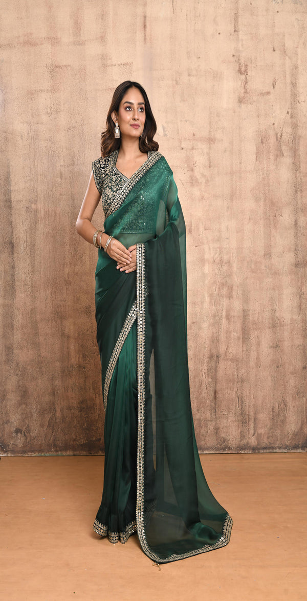 FOREST GREEN EMBROIDERED ORGANZA SILK SAREE #7888