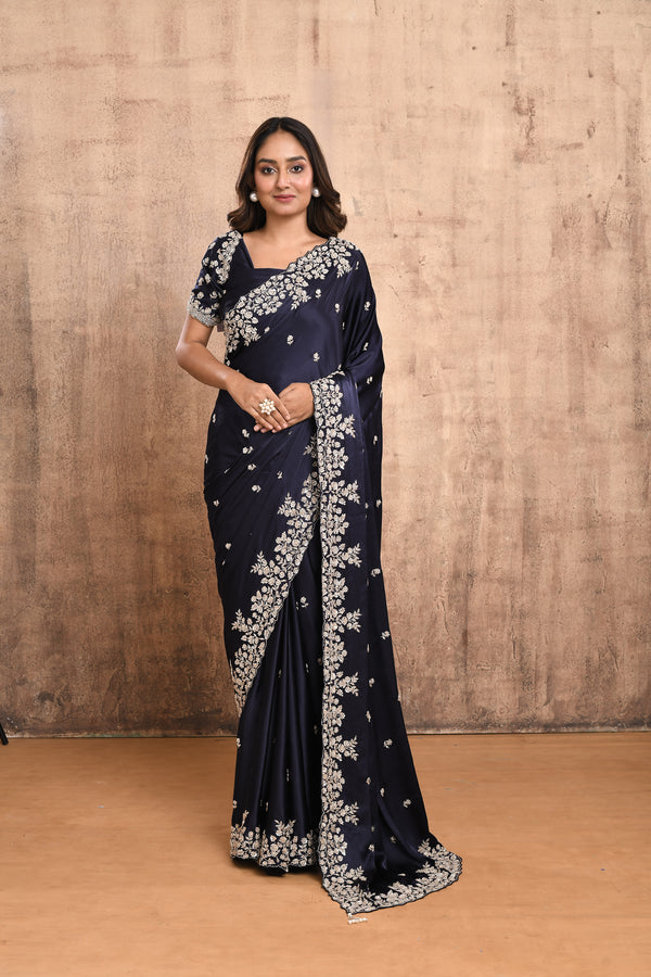 NAVY BLUE HAND EMBROIDERED SATIN SILK SAREE #7917