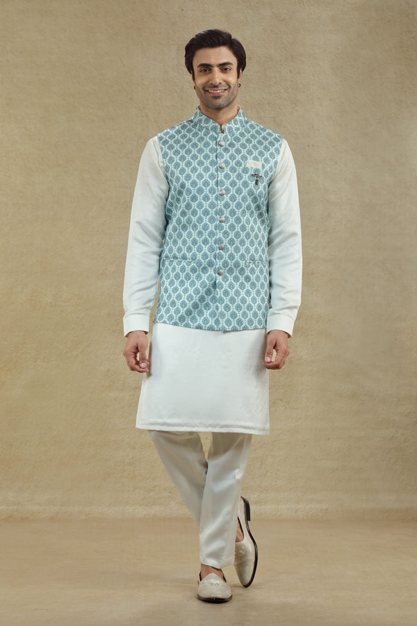 POWDER BLUE & IVORY PRINTED BANDI KURTA SET #7983